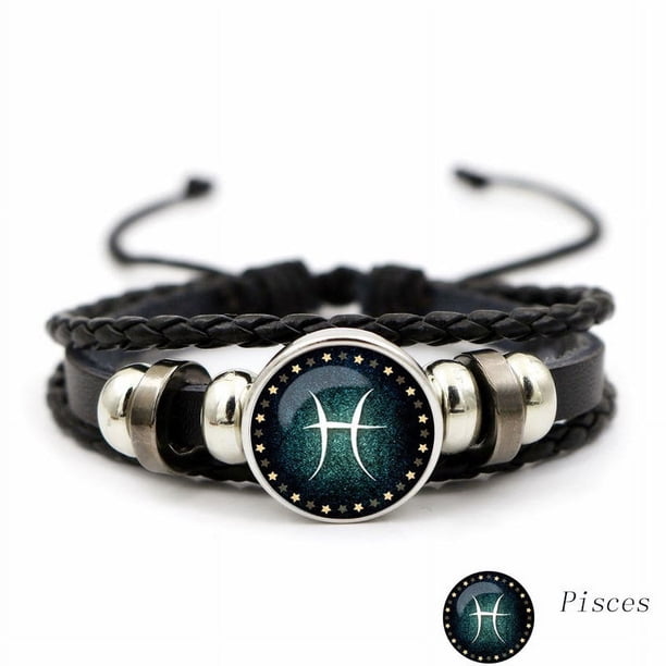 Luminous Twelve Constellation Artificial Gemstone Bracelet ,Beaded Rope PU Leather 12 Constellation Woven Bracelet