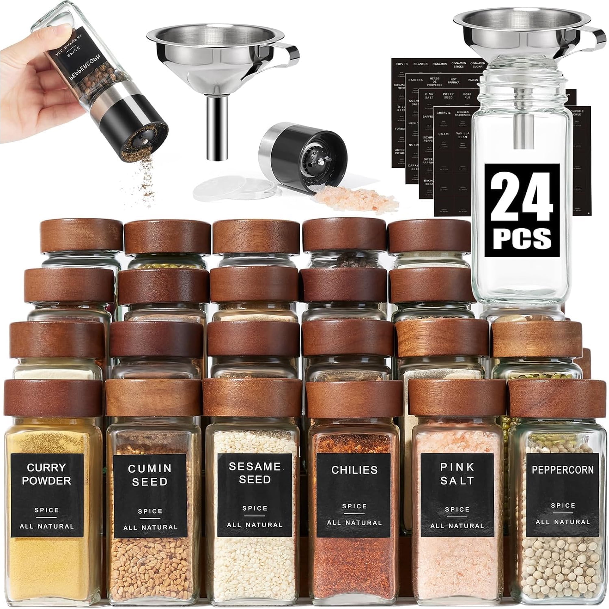 Juego De Tarros De Especias Yangbaga De Vidrio De 120 Ml Con Tapa De Madera, 24 Unidades Con Etiquetas