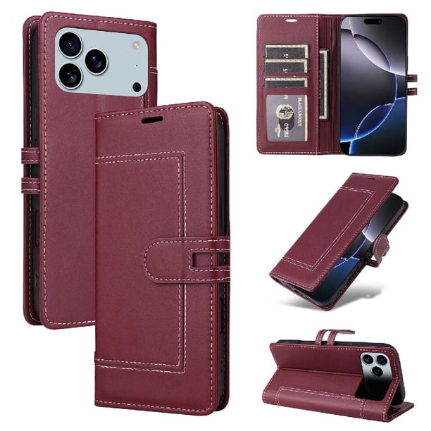 Premium Wallet Case for iPhone 17 Pro with Card Slots & Kickstand, Flip Cover Red