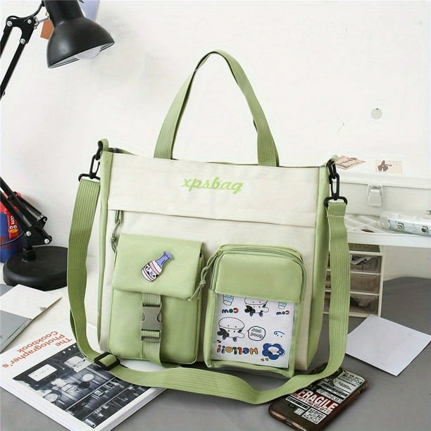 Preppy Style Crossbody Bag, Pockets Front Shoulder Bag, Casual Nylon Student School Bag