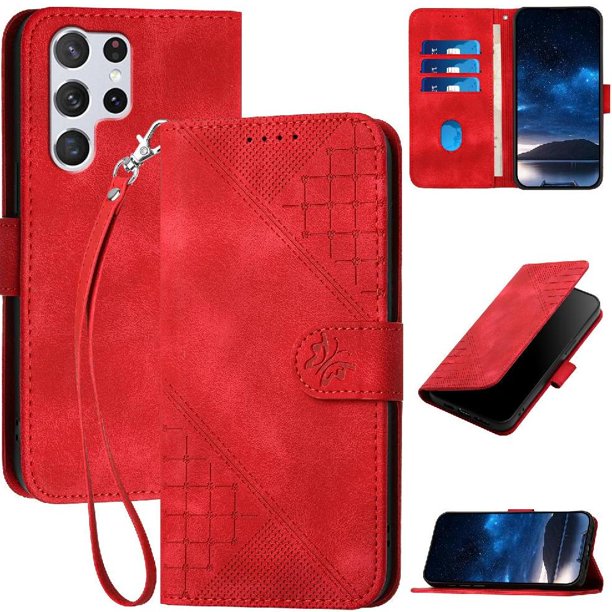 Funda Flip Premium Fibra de Carbono para Samsung Galaxy S22 Ultra con Soporte y Cierre Rojo