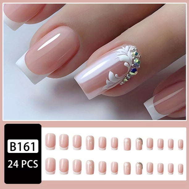 24pcs French Tip Press On Nails Short Square Fake Nails Glossy Full Cover Stick On Nails False Nails With White Flower And Edge Design For Women Girls, With Jelly Glue