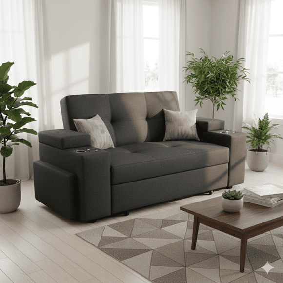 Sofá Cama Elite 2 Plazas Negro Lino Tokio con Baúles y Puffs