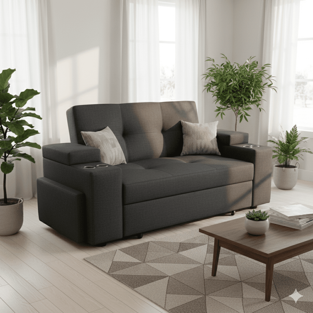 Camila Home - Sofá Cama Elite 2 Plazas Negro Lino Tokio Con Baúles Y Puffs