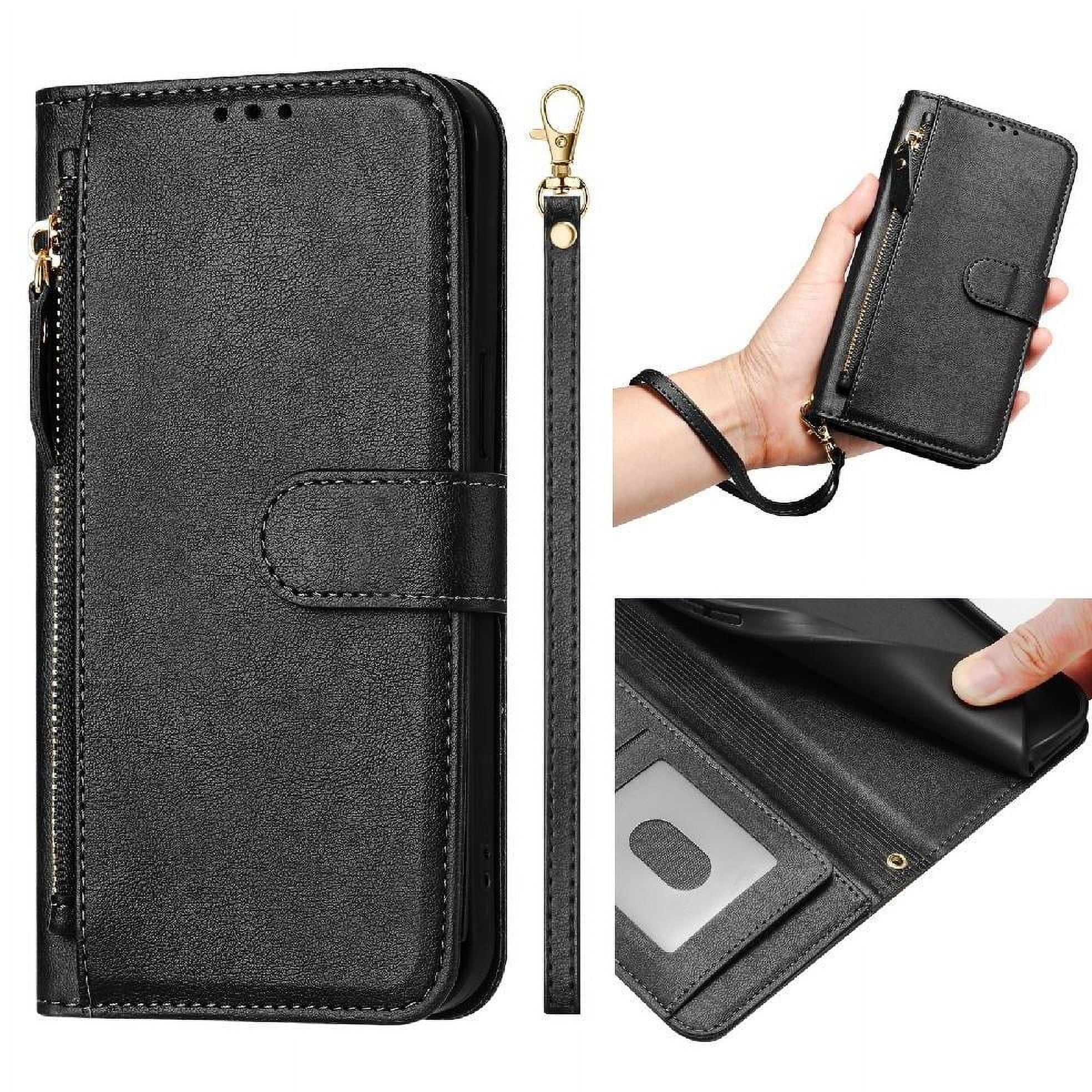 Foxdock - Funda Tipo Cartera Para Iphone 11 Pro Con Bolsillo Con Cremallera, Tarjetero, Soporte, Correa Para La Muñeca Y Tapa De Cuero Negro