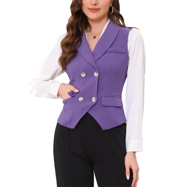 INSPIRE CHIC Chaleco de Traje para Mujer Doble Botonadura Negocios Solapa Elegante Chaleco de Cintura M Púrpura