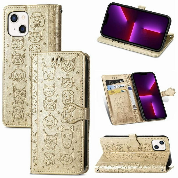 Funda Cartera FOXDOCK para iPhone 13 , Flip PU con Relieve de Gatos y Perros, Tarjetero y Soporte
