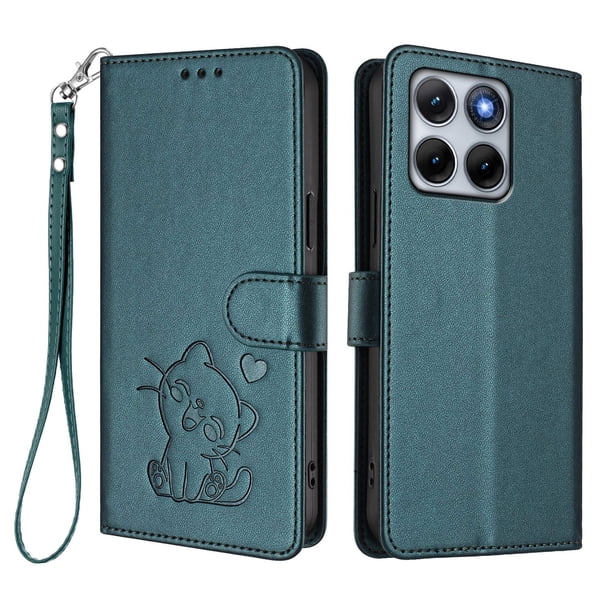 Motorola Edge 70 Fusion Funda Billetera con Estampado de Gato, Verde Oscuro