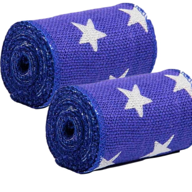 Paquete de 2 rollos de listón de yute estampado con estrellas AAYU, 5 cm x 4.5 m, azul marino