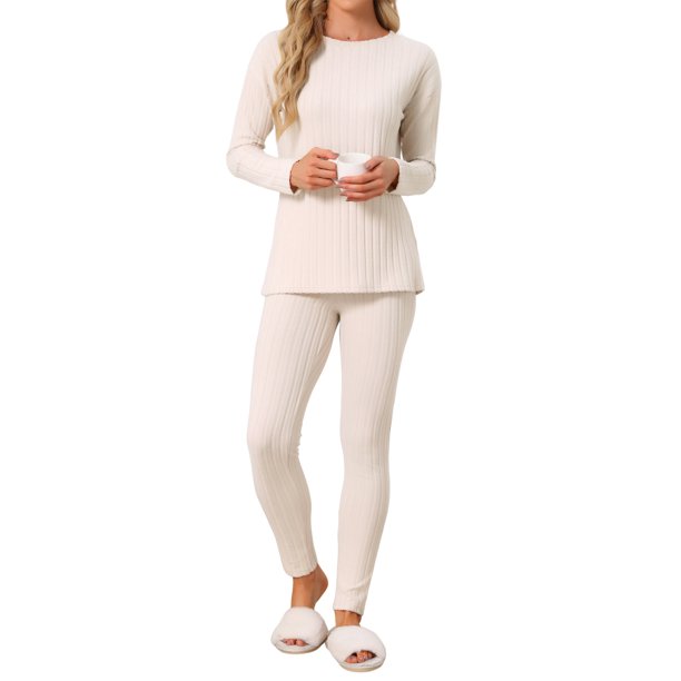 INSPIRE CHIC Conjuntos de Pijama para Mujer Tejido de Punto Acanalado de Manga Larga Pantalones Conjunto Casual de Salón Conjunto de Dos Piezas Conjuntos a Juego Ropa de Dormir 2XL Beige