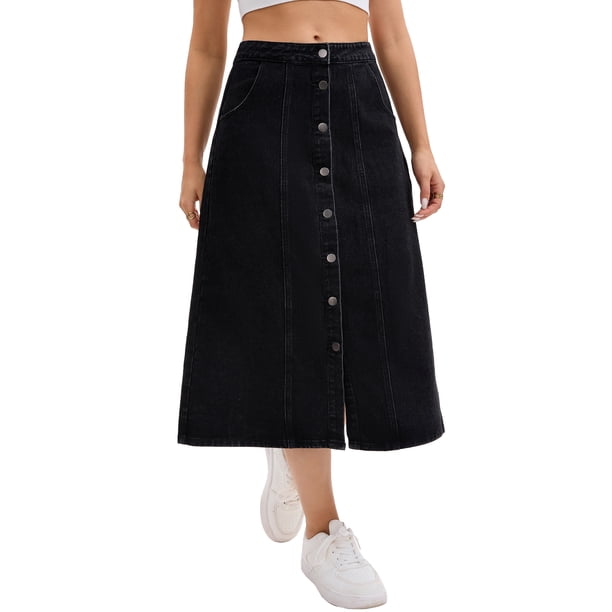 INSPIRE CHIC Falda de Mujer Regreso a Clases Denim con Botones al Frente Abertura Alta en la Cintura Línea A Bolsillos Midi Falda de Mezclilla L Negro