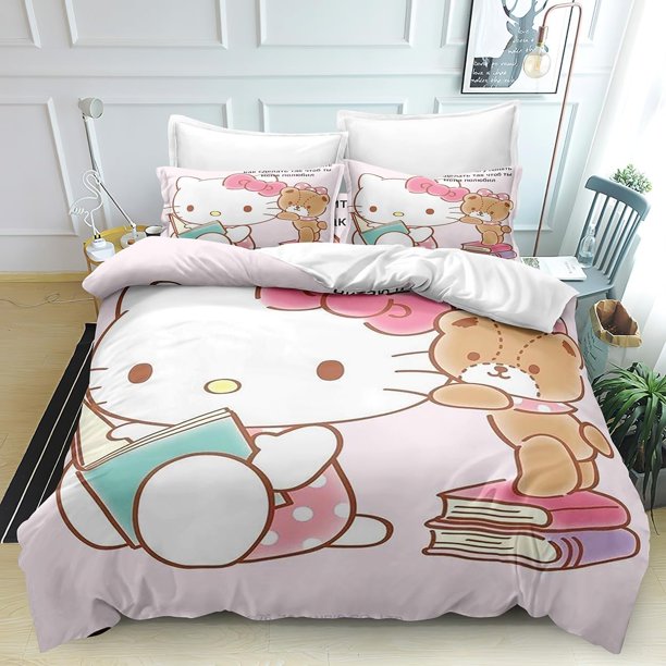 The Anime Quilt Duvet Cover Hello Set Comforter Cover Kitty 3 Pieces Bedding Printed Quilt Cover Set with Pillow Cases Easy Care and Soft Hand Feel Full