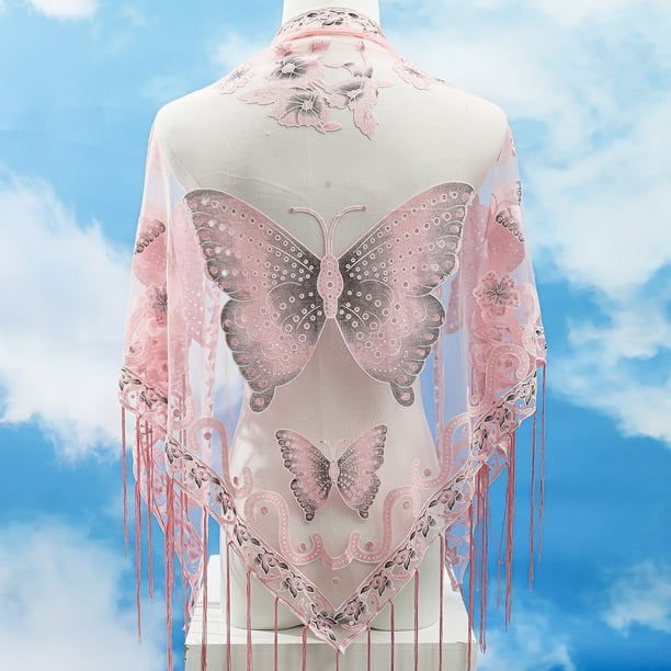 29.5"×55.1" Triangle Scarf Butterfly Flower Embroidery Lace Tassel Shawl Elegant Breathable Windproof Wrap Outdoor Accessories