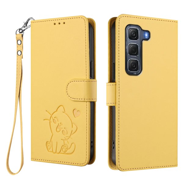 Infinix HOT 60 PRO 4G Funda Billetera con Estampado de Gato, Amarillo