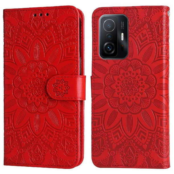 Funda tipo cartera FOXDOCK para Xiaomi 11T Pro , diseño girasol en relieve, cuero PU, cierre magnético, soporte y tarjetero