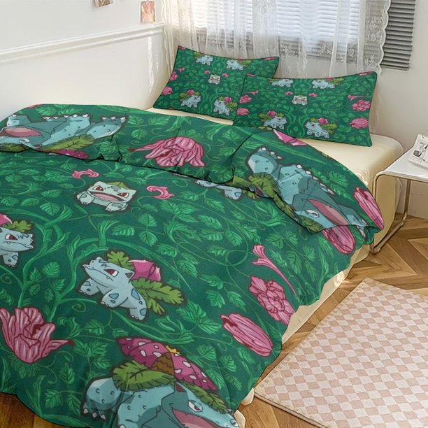 Bulb_asaur Print Bedding Set Pattern Duvet Cove Set 3 Pieces 1 Quilt Cover And 2 Pillowcases for Women Men Teens
