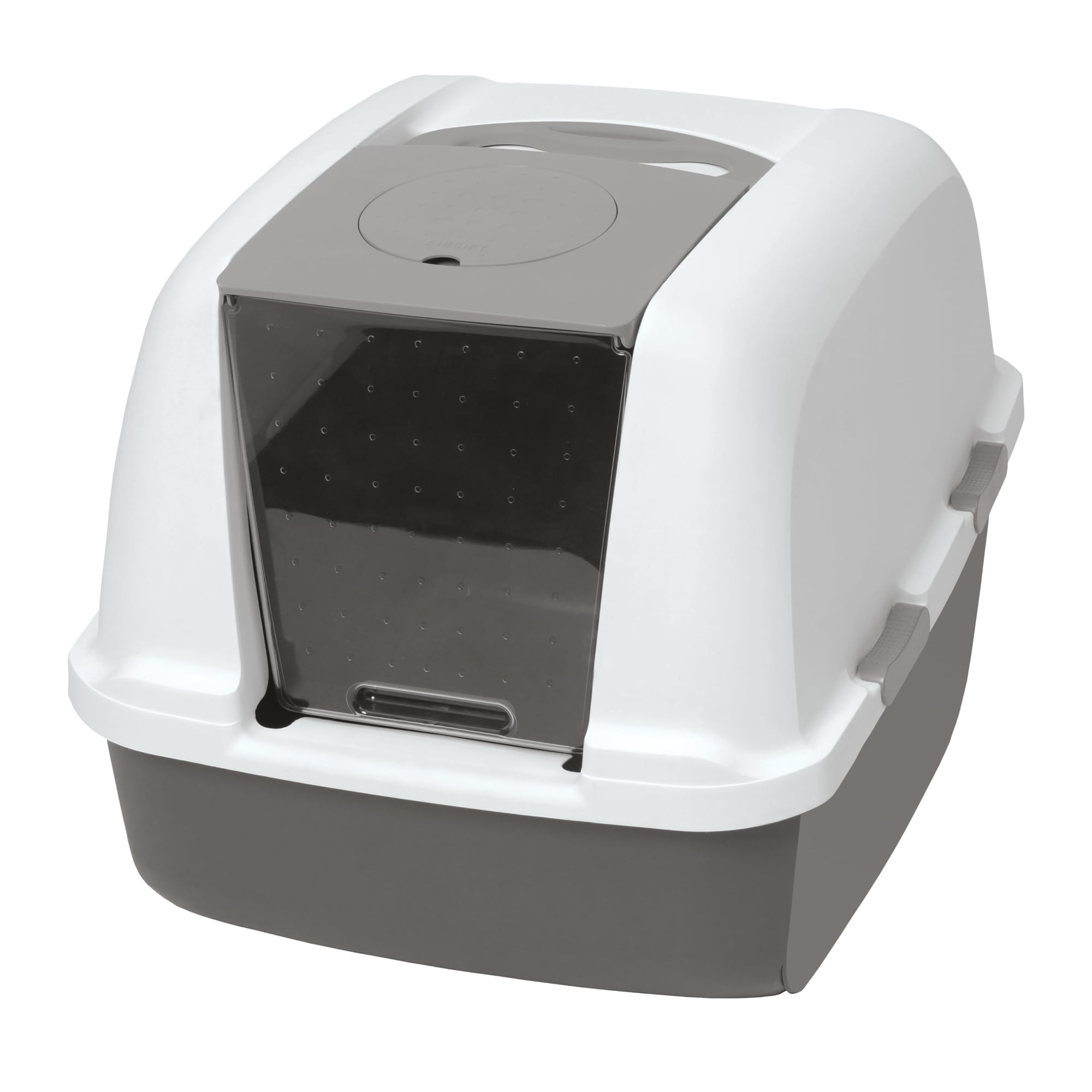 Sartén para gatos Catit Airsift Jumbo con capucha, gris cálido y blanco