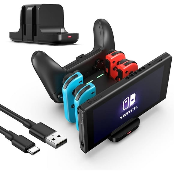 Estación de Carga AARONMEI 6 en 1 para Nintendo Switch JoyCon y Pro Controller Negro