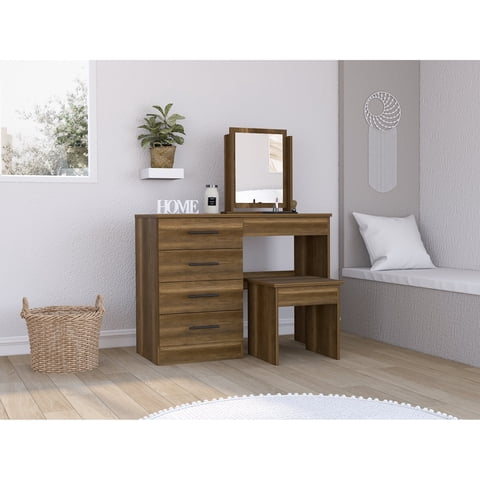 Tuhome - Mueble De Tocador Kaia 4 Cajones Caramelo Y Wengue Con Silla 126X100X42 Cm