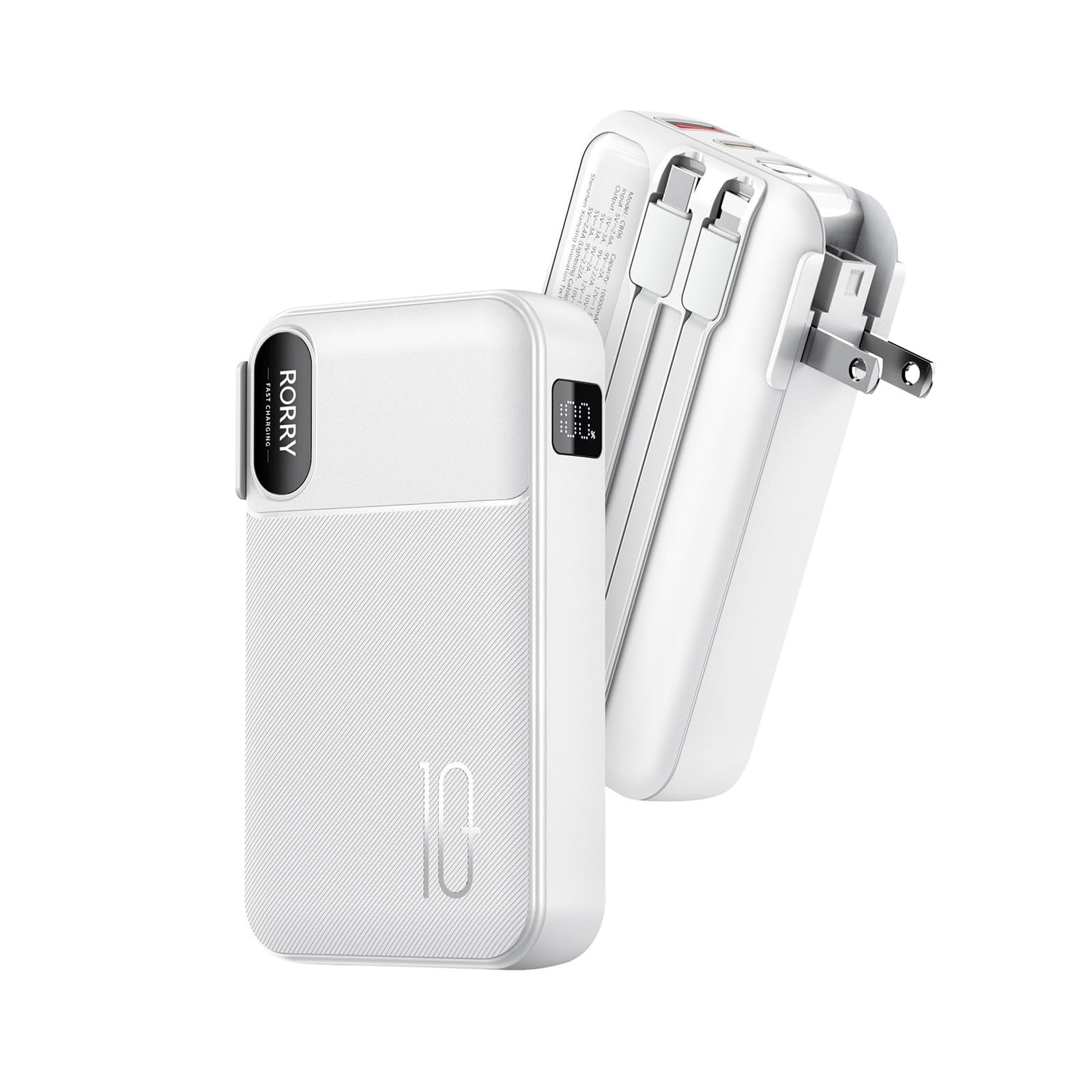 Cargador Portátil Rorry De 10000 Mah Con Cables Integrados, Blanco
