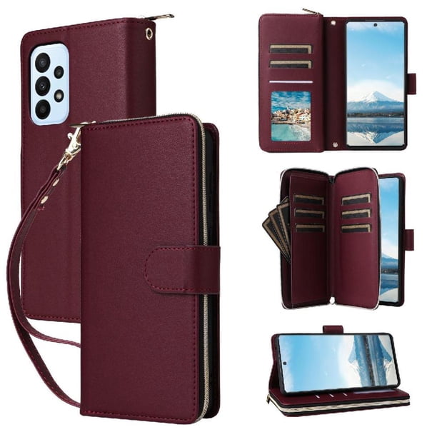 Funda Cartera con Cremallera y Correa para Samsung Galaxy A23 Soporte y Tarjetero Rojo