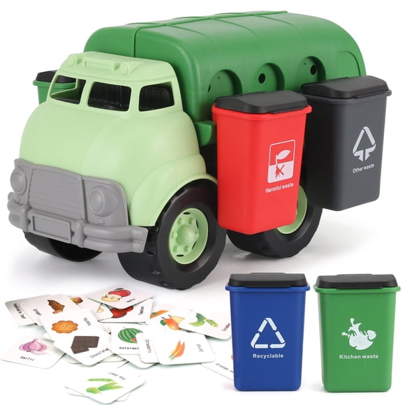 Camión de basura Toy Liberty Imports, plástico grande, con 4 botes de basura