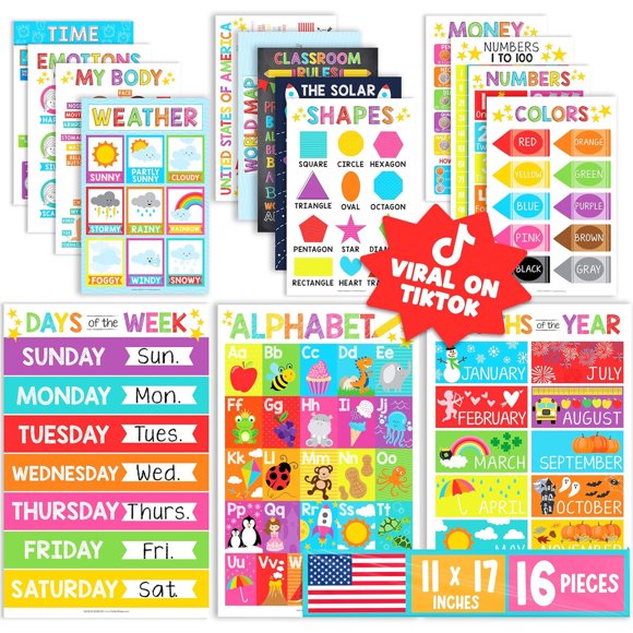 Hadley Designs Learning Posters for Toddlers, 13 Preschool Charts