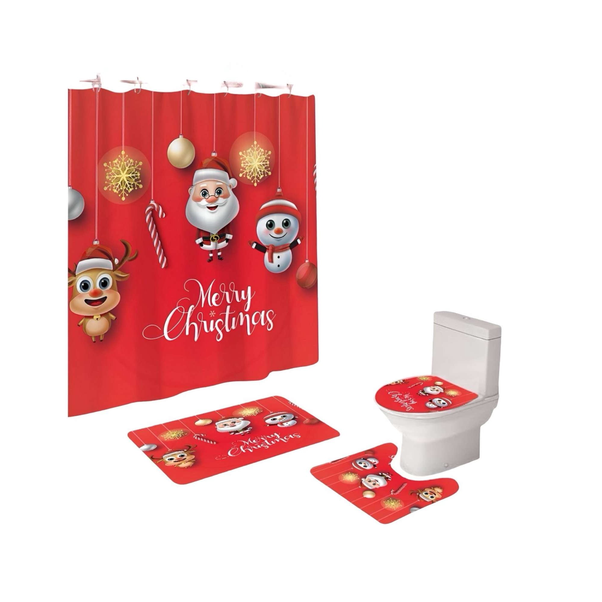 Teng Fei - Pack 4 Piezas Cortina De Baño Y Alfombras Diseño Navideño Tf06