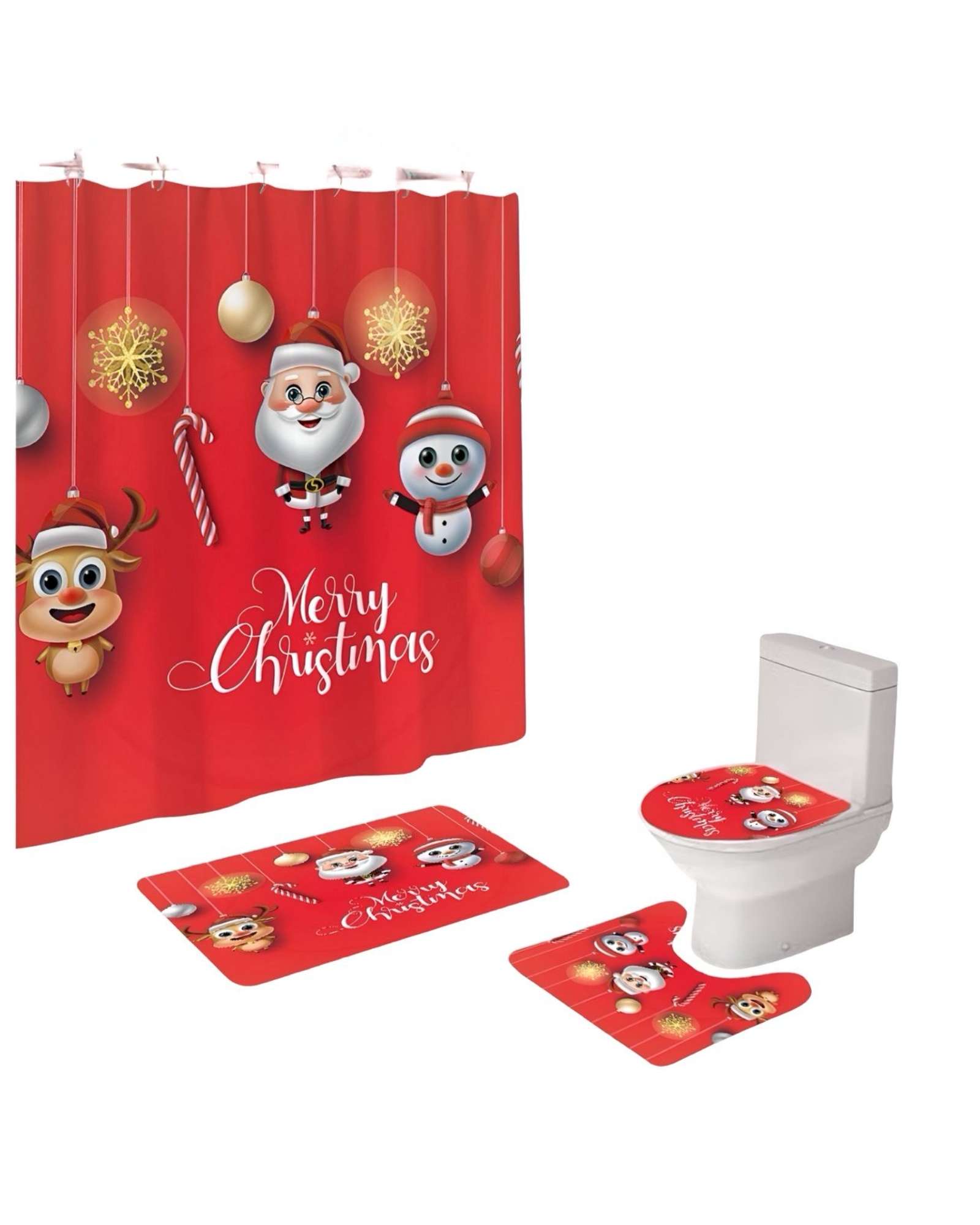 Teng Fei - Pack 4 Piezas Cortina De Baño Y Alfombras Diseño Navideño Tf06