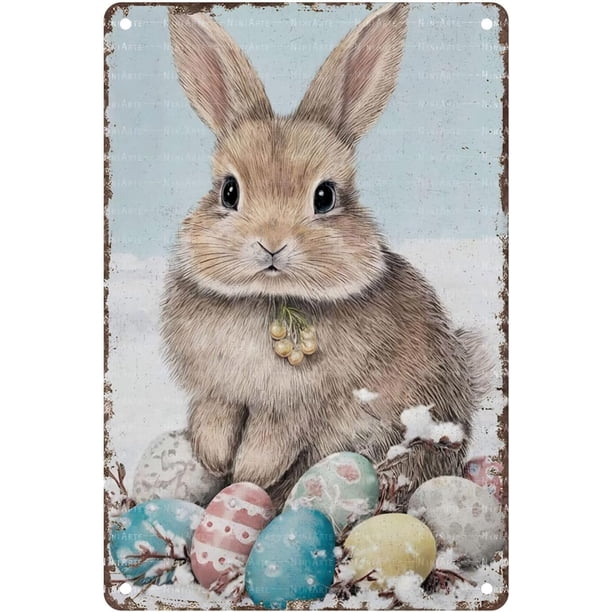 Letrero estaño conejo Pascua retro conejo vintage metal hogar jardín sala decoración pared Pascua 20x30cm