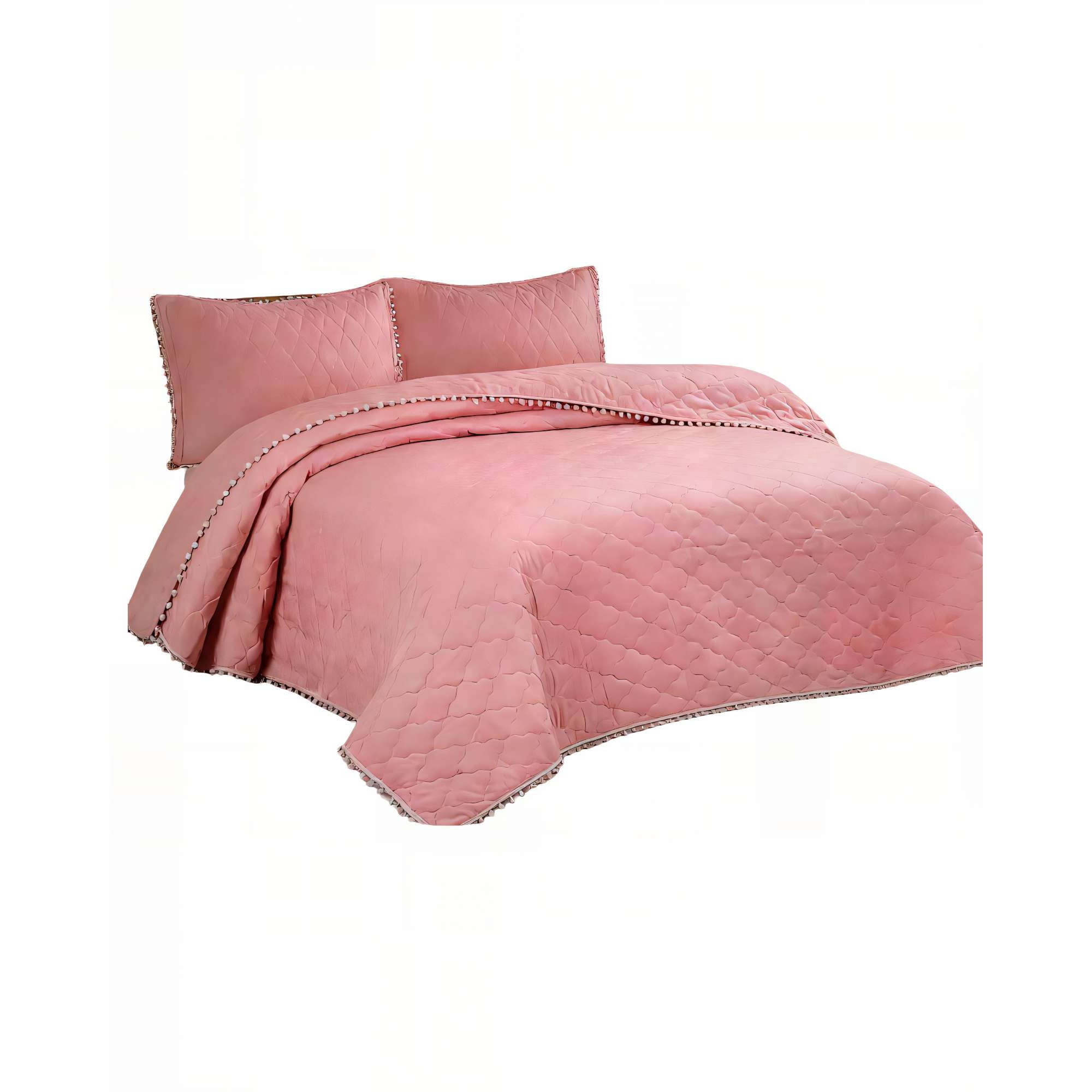 Genérico - Cubrecama 2 Plazas Con Detalles De Pompones Color Rosado Oscuro