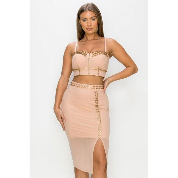 Conjunto de Top de Tirantes con Tachuelas y Minifalda con Abertura