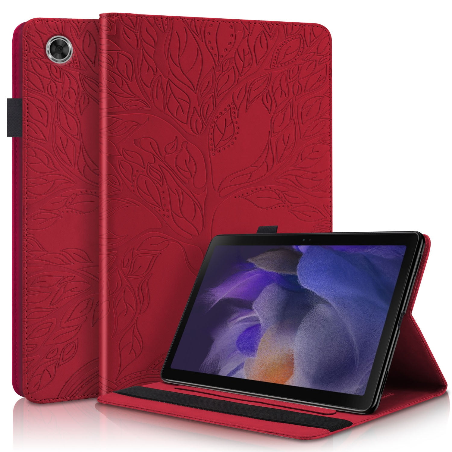 Foxdock - Funda Con Relieve Del Árbol De La Vida Para Tablet Samsung Galaxy Tab A9 Con Soporte, Ranuras Para Tarjetas Y Soporte Para Lápiz Óptico. Rojo