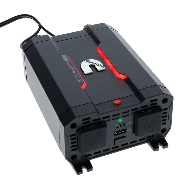 Inversor de Corriente para Auto Cummins CMN400 400 Vatios DC 12 Voltios a 110 Voltios AC (Kit Completo Incluido) 2 Puertos AC Más USB 2.4A y USB-C de Carga Rápida 3.0A