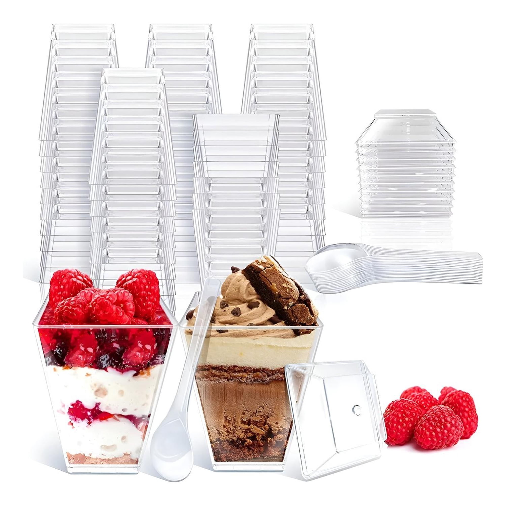 Pasteleriuscl - 50 Set De Vasos Shot Postres Con Tapa 50 Cucharas Acrílico Transparente 046