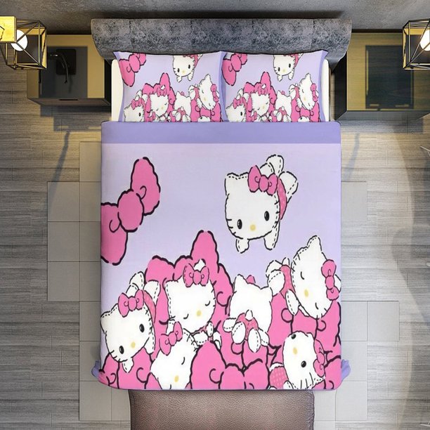 Hello Kitty Bedding Set for Girls Kids Teen Tween Ultra Soft Microfiber Comforter Set Twin Size with 3-Pieces Comforters Bed Sets Bedroom Decor Bed Sheets