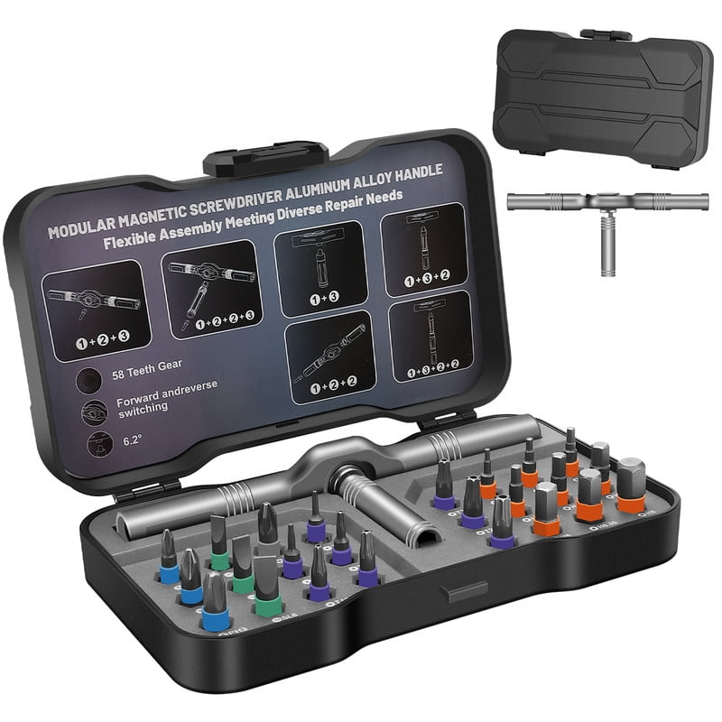 Jenabom - Juego De Destornilladores De Trinquete 24 En 1, Con Cabezal Magnético Multicabezal Y Mango De Trinquete Desmontable, Ideal Para Reparaciones Manuales.