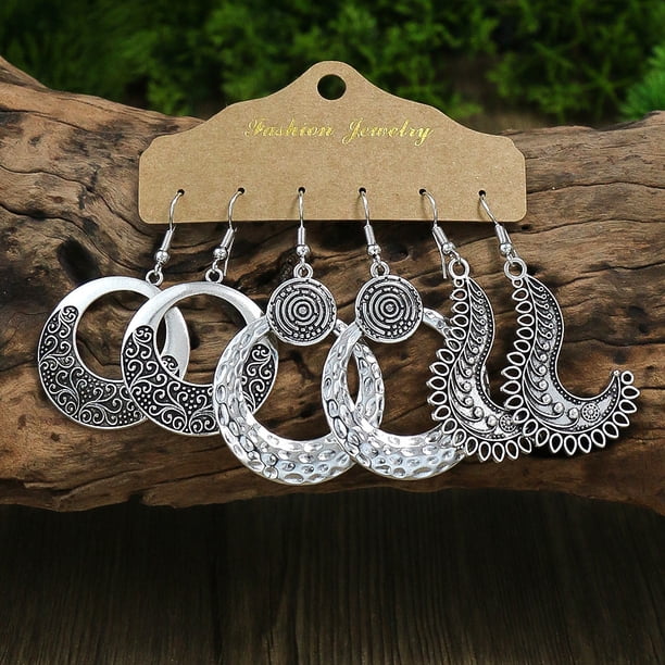 Gorgeous 3-Piece Earrings Set for Women - Retro Style, Antique Silver, Geometric Leaf Pendant, U-shaped Ear Hooks - Simple & Versatile!