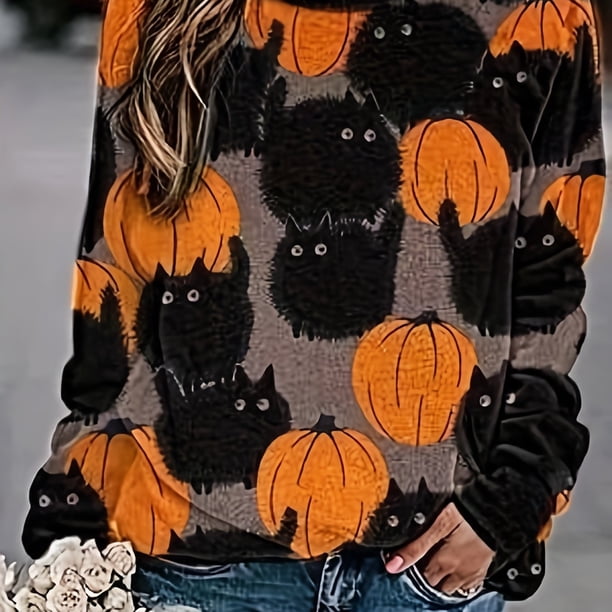 Pumpkin & Cat Print Crew Neck T-Shirt, Casual Long Sleeve T-Shirt For Spring & Fall, Women's Clothing