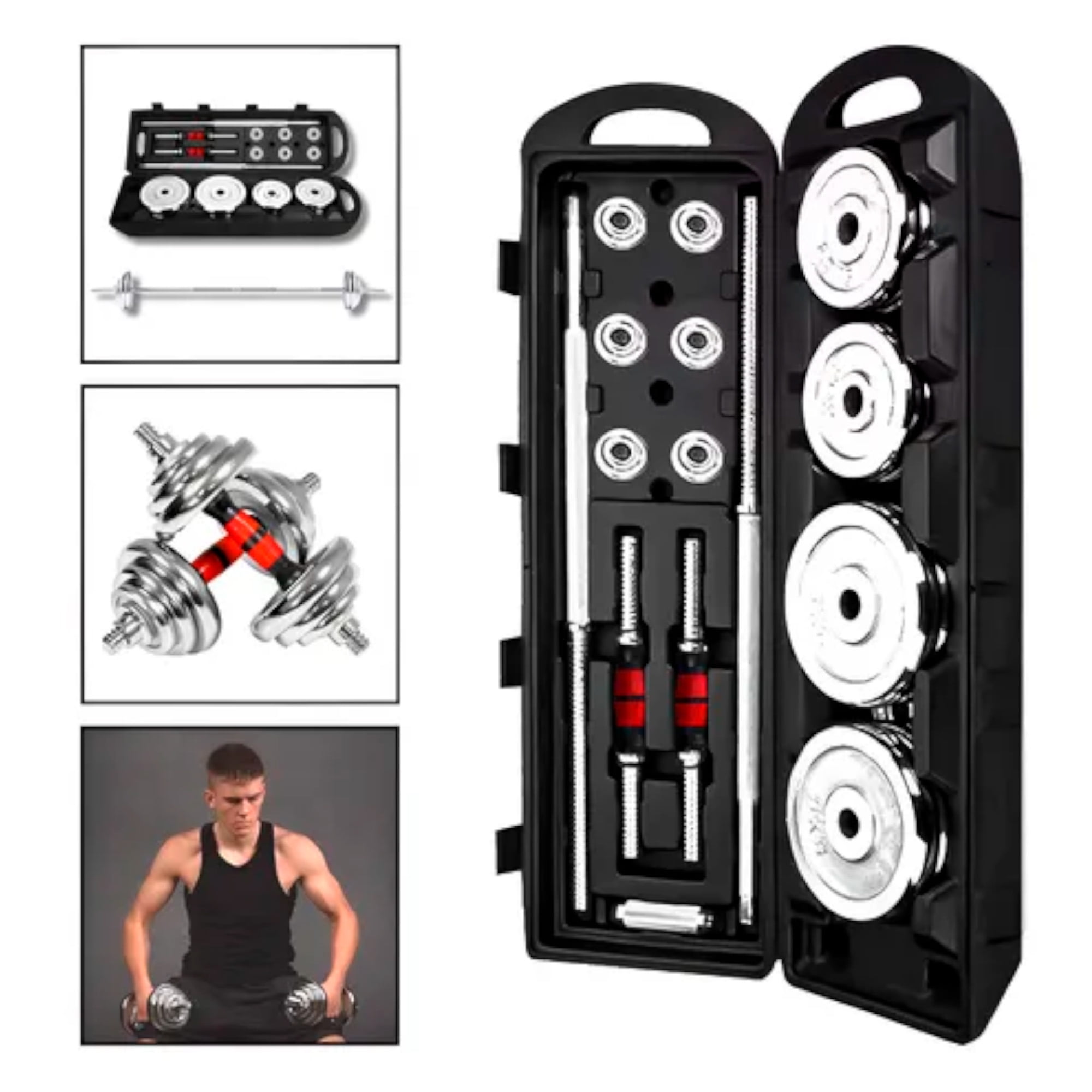 Set Mancuernas Barra Extendible 50 Kg Boomfit Cromo Maleta