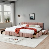 M&Ms - California King Size Upholstered Bed ,Comfortable Upholstered Bed Frame, Chenille Fabric, With Headboard And Solid Bed Frame. With Drawer For Storage.-Pink(90.5''*80.5''*31'')