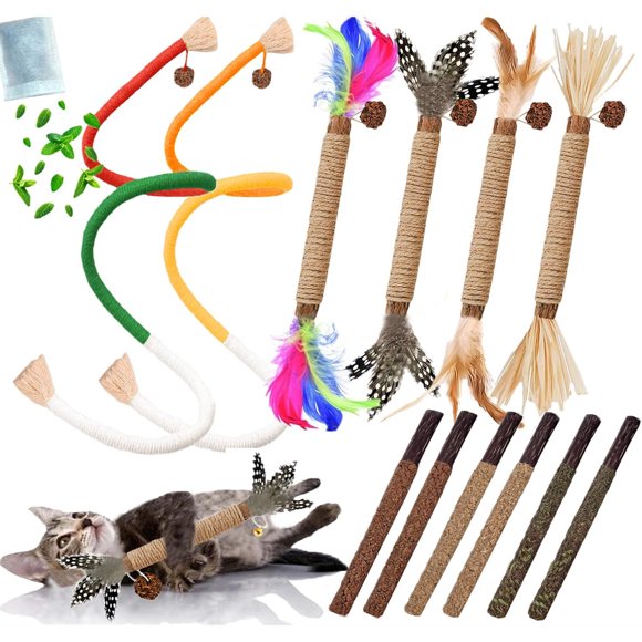 Set de 12 juguetes para gatos con hierba gatera, cuerdas y varitas de silvervine