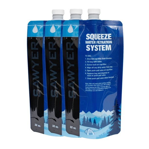 Bolsa comprimible para filtración de agua, paquete de 3 unidades, Sawyer, 960 ml, negro/azul