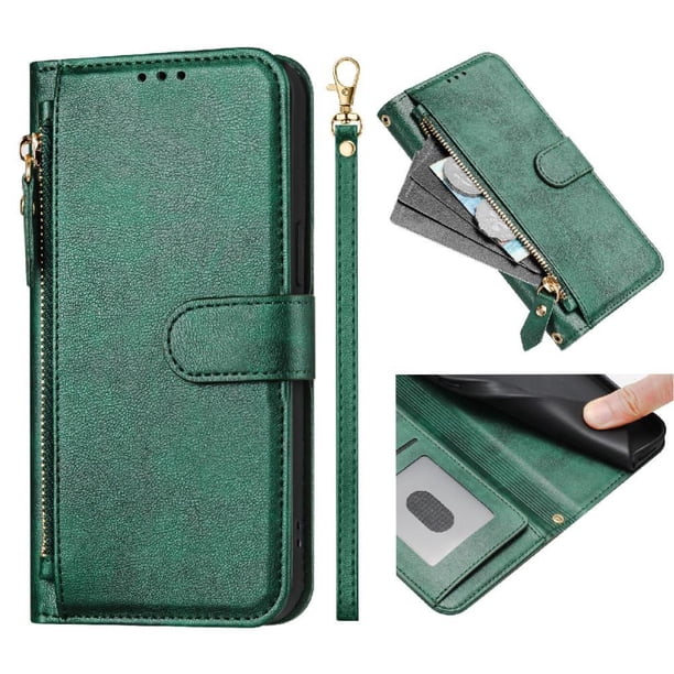 Funda Billetera Cremallera para Samsung Galaxy S21 Ultra 5G con Porta Tarjetas, Soporte y Correa Verde