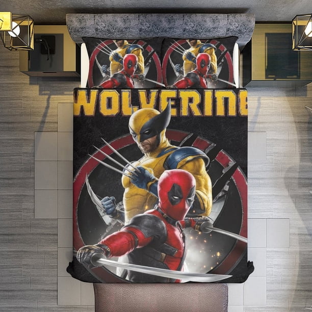 Deadpool & Wolverine 3 Piece Sets Full/Queen Size - Reversible Microfiber Quilts with 2 Shams Soft Lightweight Bedspread Coverlet Comforter for All Season Bed Sheets