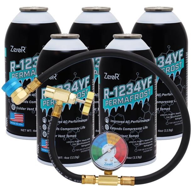 Kit potenciador de rendimiento ZeroR R1234YF, 5 latas, manómetro y manguera de 61 cm