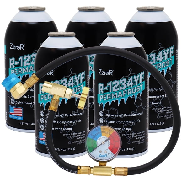 Kit potenciador de rendimiento ZeroR R1234YF, 5 latas, manómetro y manguera de 61 cm