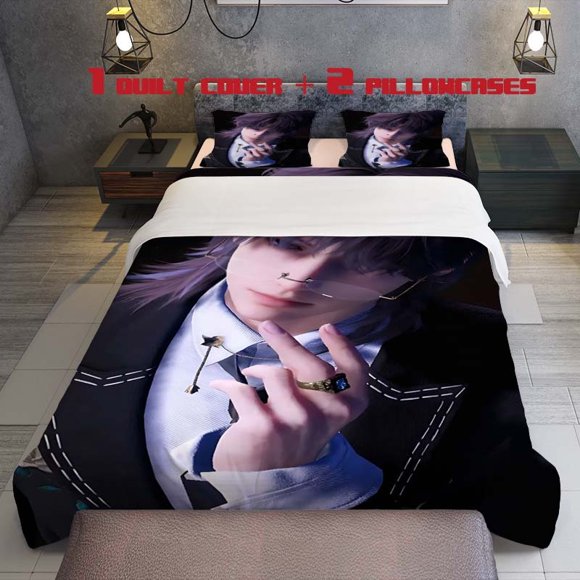 3pcs Purple Hair Suit Ring Personalized Character Theme Print Three Piece Bedding Set Soft Quilt Cover And Two Pillowcases