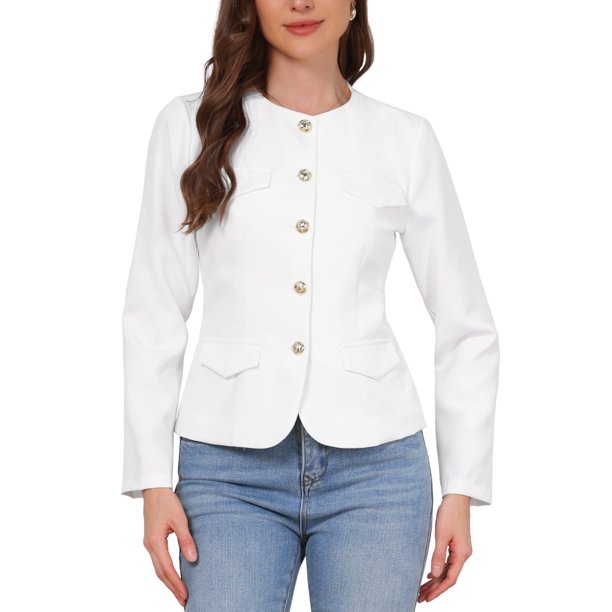 INSPIRE CHIC Chaquetas de Blazer Casual de Negocios para Mujeres de Manga Larga sin Cuello con Botones para Oficina Traje de Trabajo M Blanco