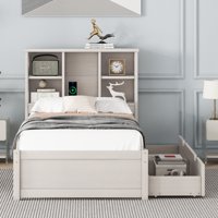 M&Ms - Modern Twin Size Bed Frame With Built-In Usb Port On Bookcase Headboard And 2 Drawers For White Washed Color
